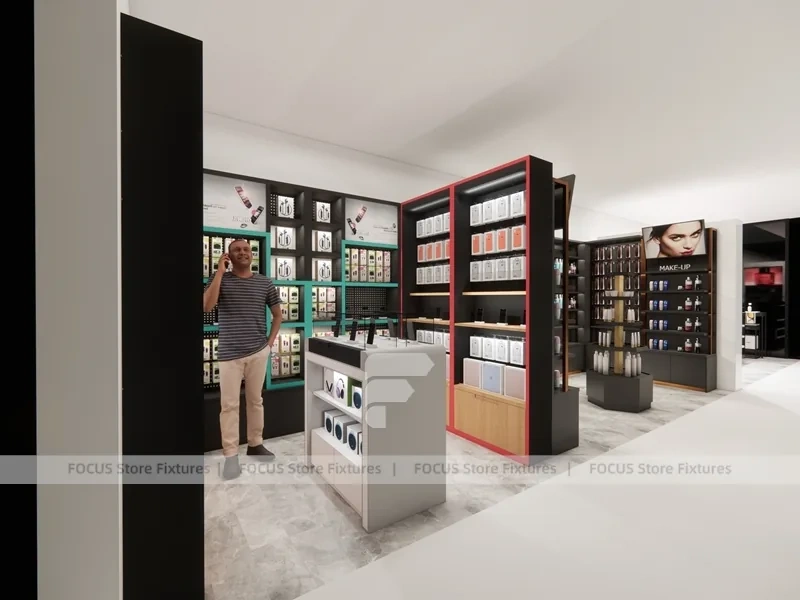 Modern White Perfume Display With Red Accent Shelving
