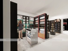 Modern White Perfume Display With Red Accent Shelving
