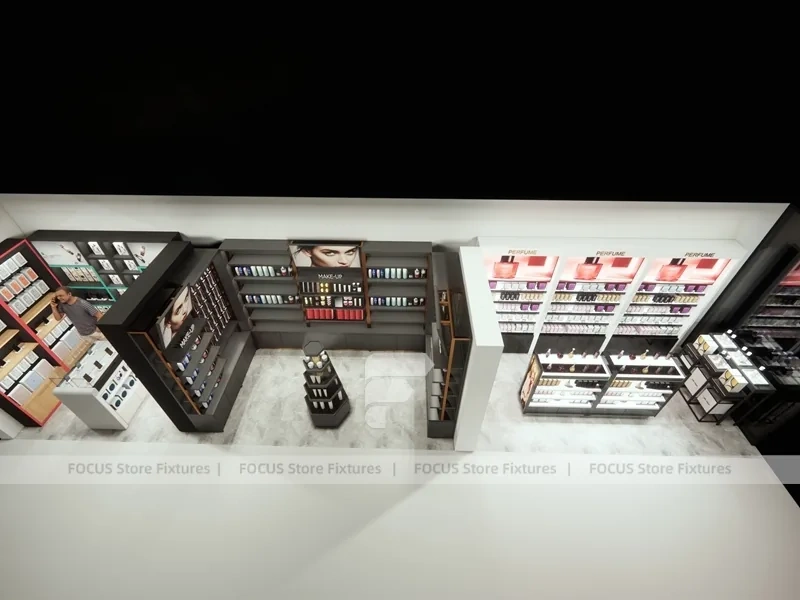 Modern White Perfume Display With Red Accent Shelving
