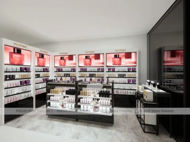 Modern White Perfume Display With Red Accent Shelving