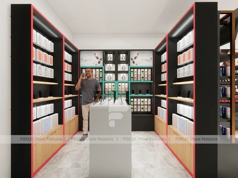 Modern White Perfume Display With Red Accent Shelving