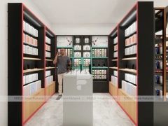 Modern White Perfume Display With Red Accent Shelving