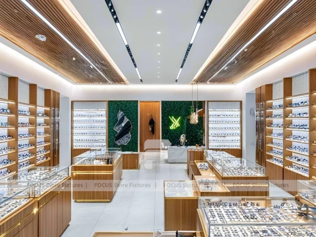 Natural Wood Eyewear Showroom with Center Island Showcase