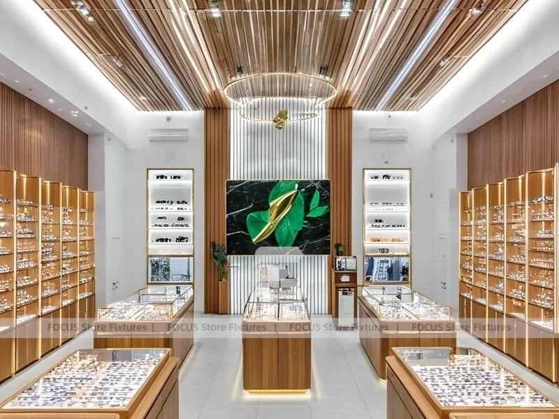 Natural Wood Eyewear Showroom with Center Island Showcase