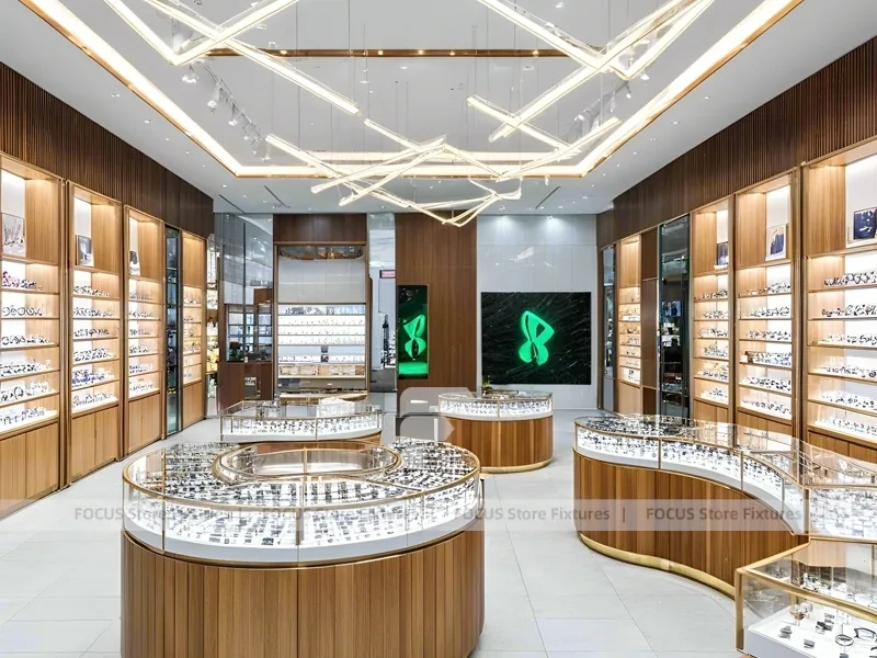Natural Wood Eyewear Showroom with Center Island Showcase