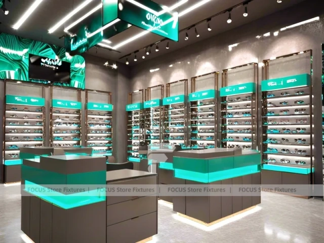 Neon Teal Eyewear Accent Store with Floating Showcase Islands
