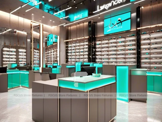 Neon Teal Eyewear Accent Store with Floating Showcase Islands