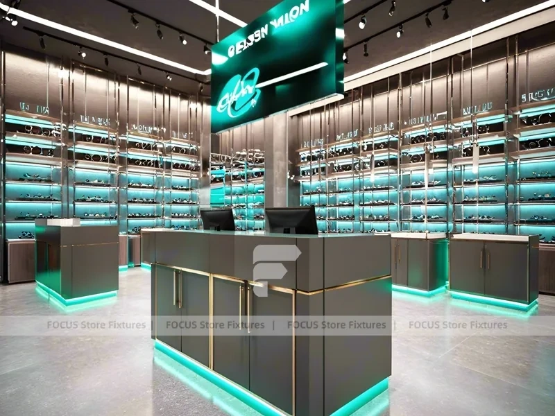 Neon Teal Eyewear Accent Store with Floating Showcase Islands
