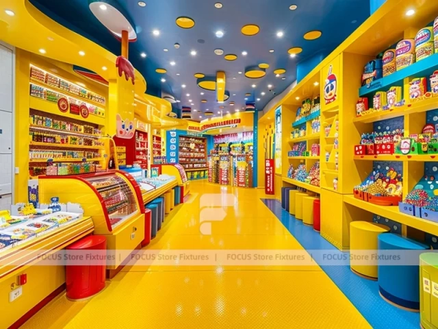 Orange Twist Candy Shop Interior with Bright Window Shelving