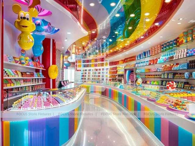 Orange Twist Sweet Retail Space with Tiered Candy Islands