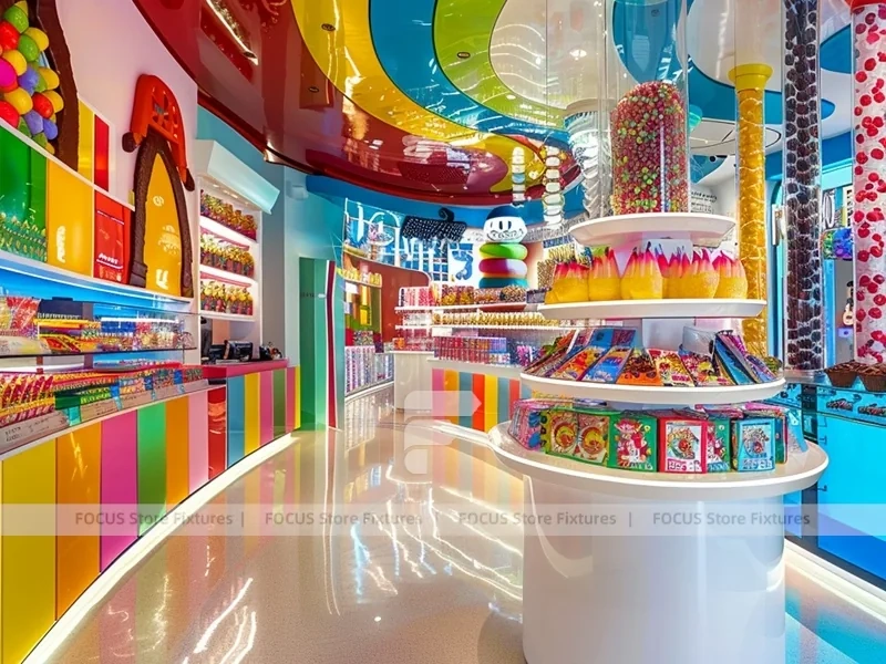 Orange Twist Sweet Retail Space with Tiered Candy Islands