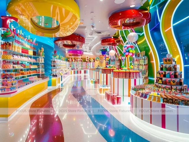 Orange Twist Sweet Retail Space with Tiered Candy Islands