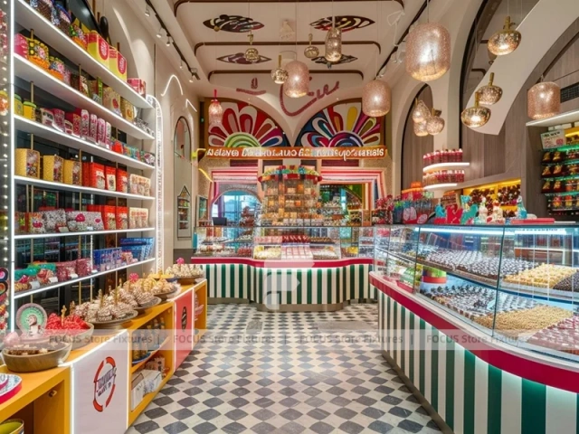 Parlor Stripe Dessert Candy Bar Layout with Service Counter Seating