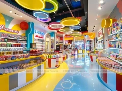 Playful Arcade Candy Family Boutique with Blue Accent Display Walls