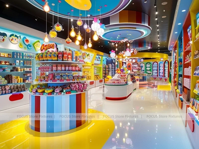 Playful Arcade Candy Family Boutique with Blue Accent Display Walls