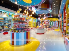 Playful Arcade Candy Family Boutique with Blue Accent Display Walls