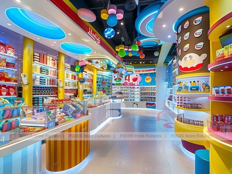 Playful Arcade Candy Family Boutique with Blue Accent Display Walls