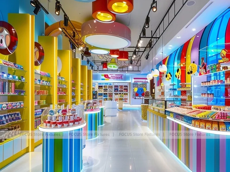 Playful Arcade Candy Family Boutique with Blue Accent Display Walls