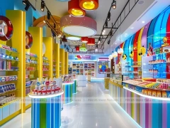 Playful Arcade Candy Family Boutique with Blue Accent Display Walls