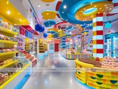 Playful Arcade Candy Family Boutique with Blue Accent Display Walls