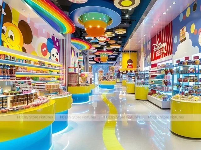 Playful Arcade with Blue Accent Display Walls Candy Family Boutique