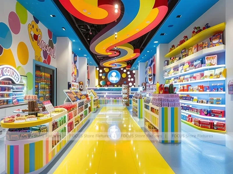 Playful Arcade with Blue Accent Display Walls Candy Family Boutique