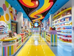 Playful Arcade with Blue Accent Display Walls Candy Family Boutique