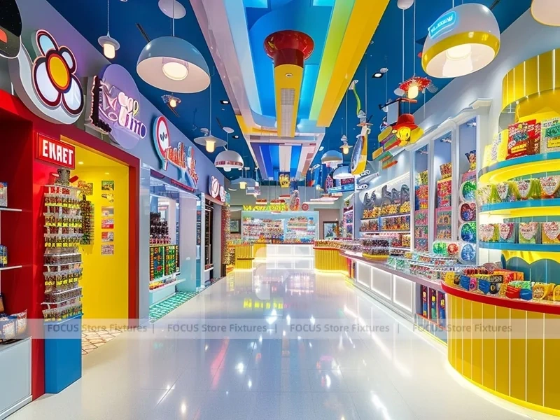 Playful Arcade with Blue Accent Display Walls Candy Family Boutique