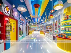 Playful Arcade with Blue Accent Display Walls Candy Family Boutique
