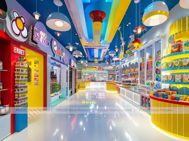 Playful Arcade with Blue Accent Display Walls Candy Family Boutique