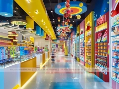 Playful Arcade with Blue Accent Display Walls Candy Family Boutique
