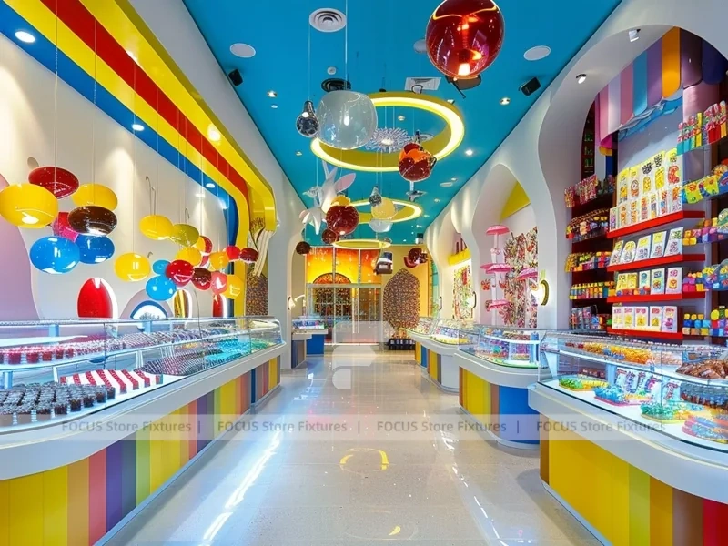 Playful Arcade with Blue Accent Display Walls Candy Family Boutique
