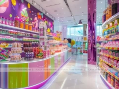 Pop Stripe Confectionery Retail Layout with Branded Candy Merchandising