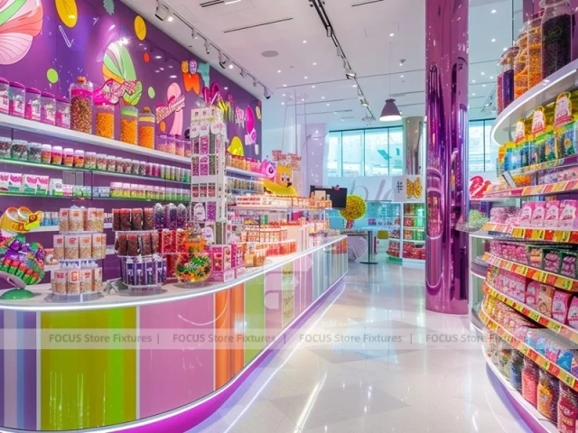 Pop Stripe Confectionery Retail Layout with Branded Candy Merchandising