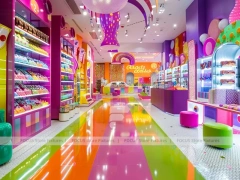 Pop Stripe Confectionery Retail Layout with Branded Candy Merchandising