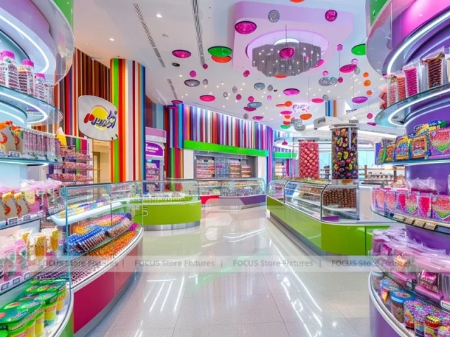 Pop Stripe Confectionery Retail Layout with Rainbow Wall Shelving