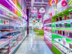 Pop Stripe Confectionery Retail Layout with Rainbow Wall Shelving