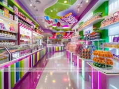 Pop Stripe Confectionery Retail Layout with Rainbow Wall Shelving