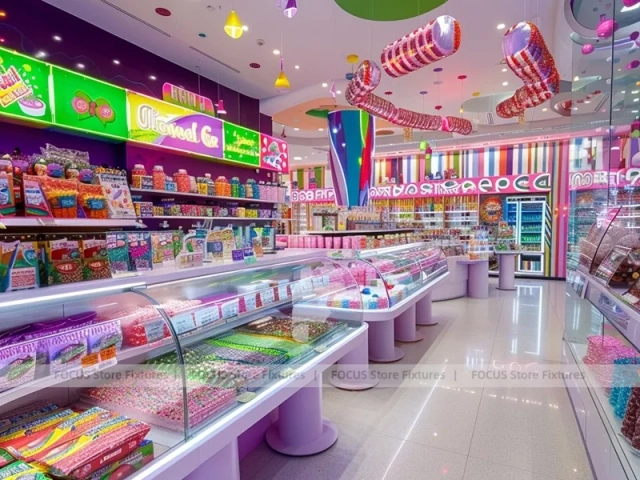 Pop Stripe Confectionery Retail Layout with Rainbow Wall Shelving