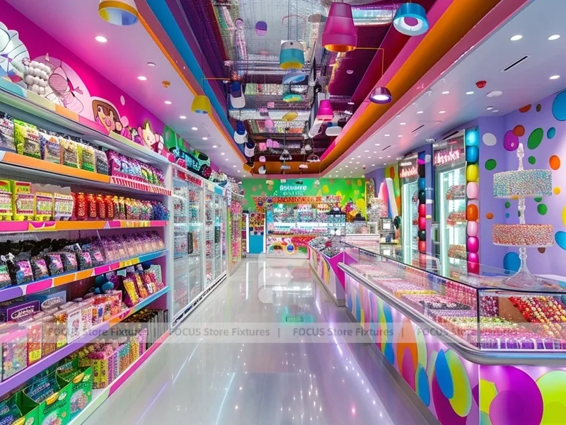 Pop Stripe Confectionery Retail Layout with Rainbow Wall Shelving