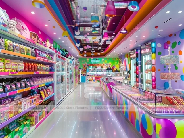Pop Stripe Confectionery Retail Layout with Rainbow Wall Shelving