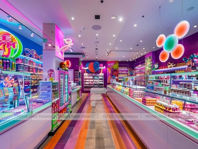 Pop Stripe Confectionery Retail Layout with Rainbow Wall Shelving