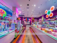 Pop Stripe Confectionery Retail Layout with Rainbow Wall Shelving