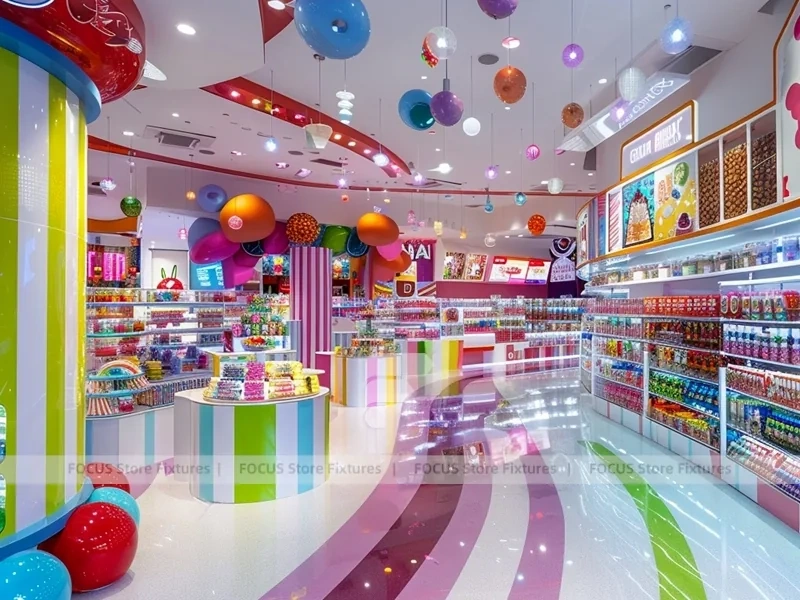Pop Stripe with Rainbow Wall Shelving Confectionery Retail Layout