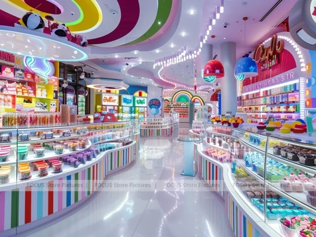Pop Stripe with Rainbow Wall Shelving Confectionery Retail Layout