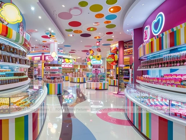 Pop Stripe with Rainbow Wall Shelving Confectionery Retail Layout