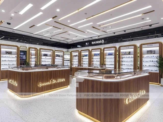 Premium Timber Eyewear Retail Gallery with Wide-Aisle Showcase Plan