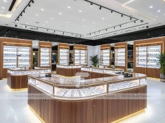 Premium Timber Eyewear Retail Gallery with Wide-Aisle Showcase Plan