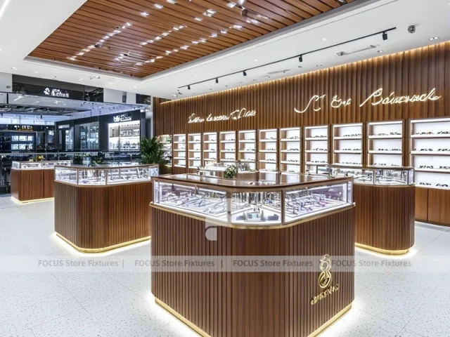 Premium Timber Eyewear Retail Gallery with Wide-Aisle Showcase Plan