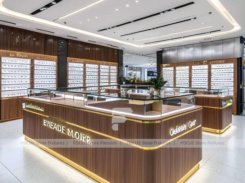 Premium Timber Eyewear Retail Gallery with Wide-Aisle Showcase Plan
